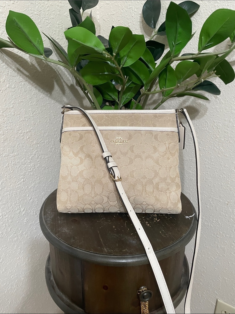 Coach Beige Signature Crossbody Bag - Neutral Canvas Shoulder Purse - Picture 1 of 12